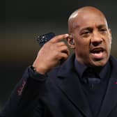 DERBY, ENGLAND - NOVEMBER 15:  Dion Dublin former professional footballer, television presenter and pundit during the Emirates FA Cup First Round Replay match between Derby County and Torquay United at Pride Park on November 15, 2022 in Derby, England. (Photo by Nathan Stirk/Getty Images)
