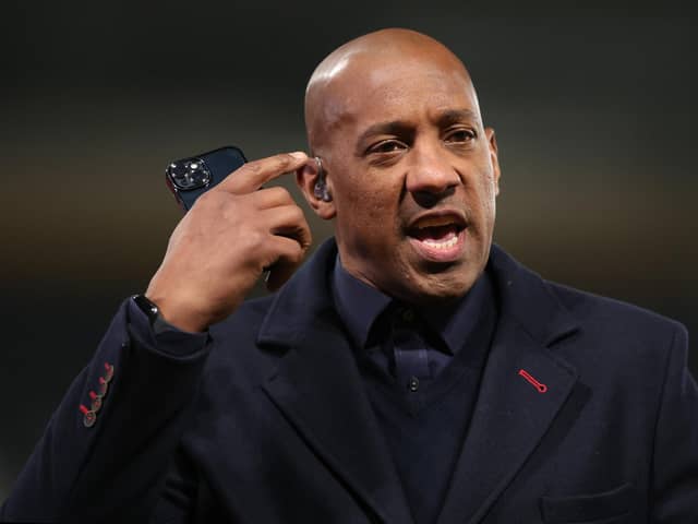 DERBY, ENGLAND - NOVEMBER 15:  Dion Dublin former professional footballer, television presenter and pundit during the Emirates FA Cup First Round Replay match between Derby County and Torquay United at Pride Park on November 15, 2022 in Derby, England. (Photo by Nathan Stirk/Getty Images)