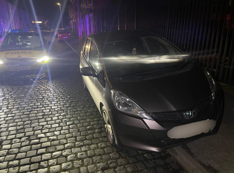 This Honda Jazz was stopped by patrols in Delaware Street, Preston. 
The driver failed a roadside test for cannabis and was arrested.