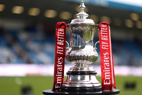 GILLINGHAM, ENGLAND - JANUARY 07: The FA Cup trophy during the Emirates FA Cup Third Round match between Gillingham and Leicester City at MEMS Priestfield Stadium on January 07, 2023 in Gillingham, England. (Photo by Alex Pantling/Getty Images)