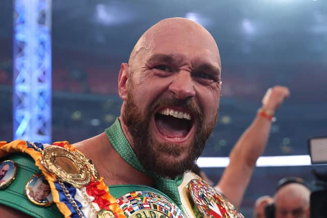 LONDON, ENGLAND - APRIL 23: Tyson Fury celebrates victory after the WBC World Heavyweight Title Fight between Tyson Fury and Dillian Whyte at Wembley Stadium on April 23, 2022 in London, England. (Photo by Julian Finney/Getty Images)