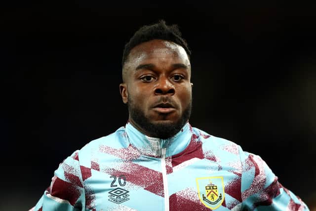 LIVERPOOL, ENGLAND - SEPTEMBER 13: Maxwel Cornet of Burnley warms up during the Premier League match between Everton  and  Burnley at Goodison Park on September 13, 2021 in Liverpool, England. (Photo by Jan Kruger/Getty Images)