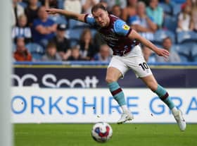 HUDDERSFIELD, ENGLAND - JULY 29: Ashley Barnes of Burnley has a shot at goal during the Sky Bet Championship between Huddersfield Town and Burnley at John Smith's Stadium on July 29, 2022 in Huddersfield, England. (Photo by Ashley Allen/Getty Images)