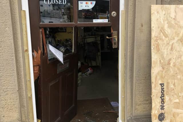 The smashed door at Berry Antiques
