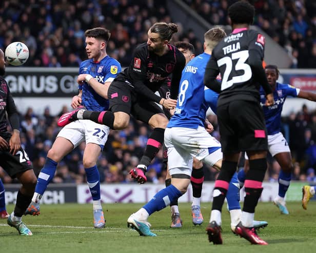 IPSWICH, ENGLAND - JANUARY 28:  Jay Rodriguez of Burnley heads towards goal during the Emirates FA Cup Fourth Round match between Ipswich Town and Burnley at Portman Road on January 28, 2023 in Ipswich, England. (Photo by Julian Finney/Getty Images)