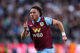 BURNLEY, ENGLAND - OCTOBER 07: Luca Koleosho of Burnley chases the ball during the Premier League match between Burnley FC and Chelsea FC at Turf Moor on October 07, 2023 in Burnley, England. (Photo by George Wood/Getty Images)