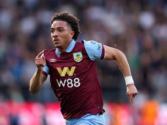 BURNLEY, ENGLAND - OCTOBER 07: Luca Koleosho of Burnley chases the ball during the Premier League match between Burnley FC and Chelsea FC at Turf Moor on October 07, 2023 in Burnley, England. (Photo by George Wood/Getty Images)