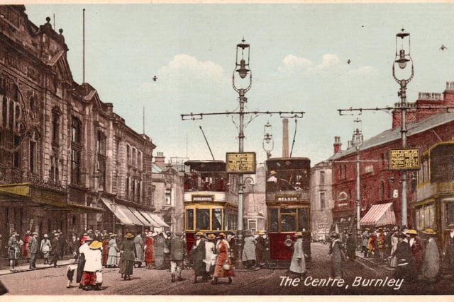 A good place in Burnley to see the trams was the Tram Centre, on St James Street. Here two Burnley Corporation Trams await passengers. The sign, in the middle, informs passengers that Trams to Harle Syke, Towneley and Rosegrove can be accessed, left, and Nelson, the terminus of the Burnley system, right.