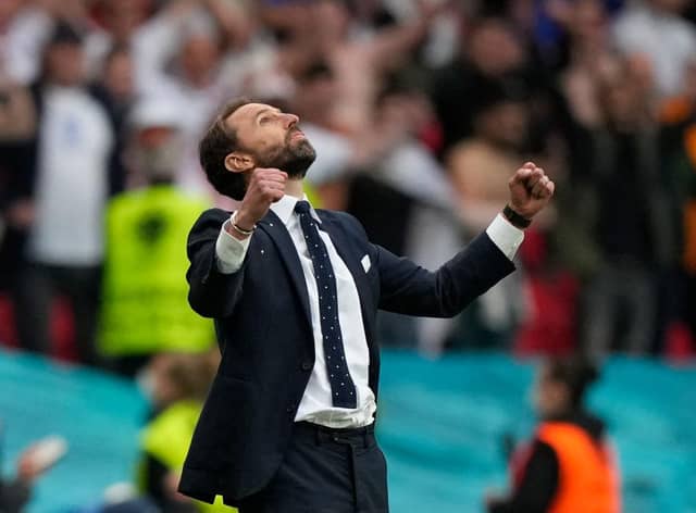 England's coach Gareth Southgate celebrates his team's victory at the end of the UEFA EURO 2020 round of 16 match against Germany.
