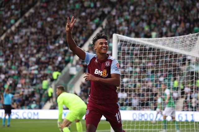 EDINBURGH, SCOTLAND - AUGUST 23: Ollie Watkins of Aston Villa celebrates after he scores his third goal during the UEFA Conference League Qualifying Play-Offs First Leg between Hibernian v Aston Villa at Easter Road on August 23, 2023 in Edinburgh, Scotland. (Photo by Ian MacNicol/Getty Images)