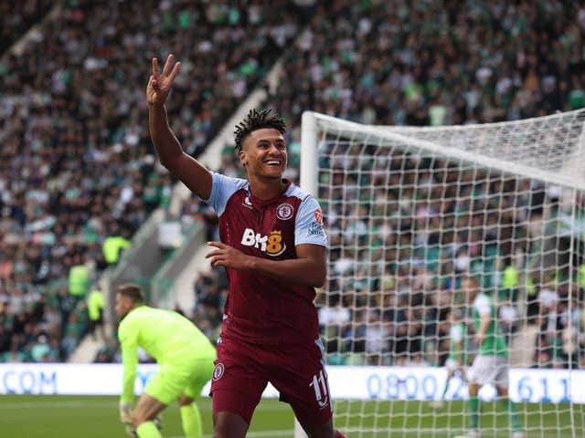EDINBURGH, SCOTLAND - AUGUST 23: Ollie Watkins of Aston Villa celebrates after he scores his third goal during the UEFA Conference League Qualifying Play-Offs First Leg between Hibernian v Aston Villa at Easter Road on August 23, 2023 in Edinburgh, Scotland. (Photo by Ian MacNicol/Getty Images)