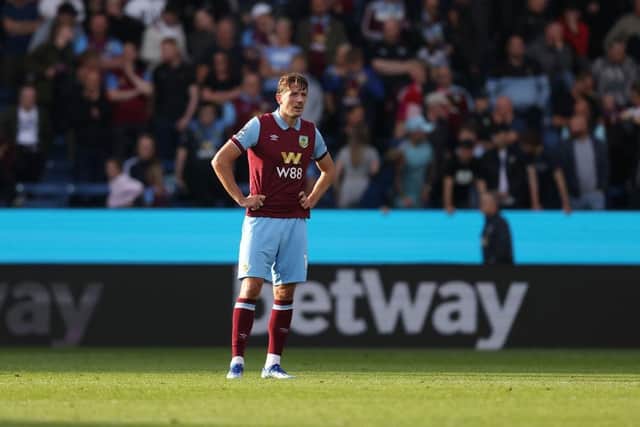 BURNLEY, ENGLAND - OCTOBER 07: Sander Berge of Burnley reacts after Nicolas Jackson of Chelsea (not pictured) scores their sides fourth goal during the Premier League match between Burnley FC and Chelsea FC at Turf Moor on October 07, 2023 in Burnley, England. (Photo by George Wood/Getty Images)