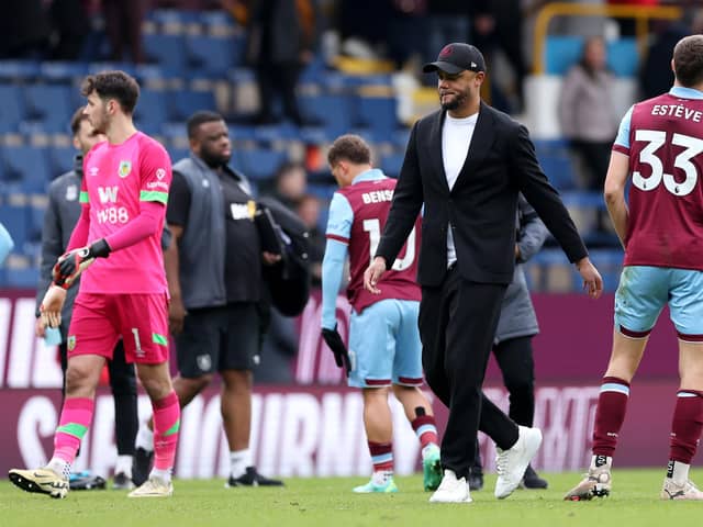 BURNLEY, ENGLAND - MARCH 03: Vincent Kompany, Manager of Burnley, looks dejected after the Premier League match between Burnley FC and AFC Bournemouth at Turf Moor on March 03, 2024 in Burnley, England. (Photo by Alex Livesey/Getty Images)