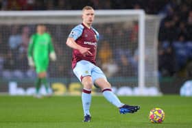 BURNLEY, ENGLAND - FEBRUARY 23: Ben Mee of Burnley during the Premier League match between Burnley and Tottenham Hotspur at Turf Moor on February 23, 2022 in Burnley, England. (Photo by Alex Livesey/Getty Images)