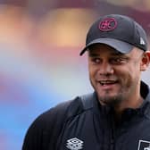 BURNLEY, ENGLAND - APRIL 22: Vincent Kompany the manager of Burnley looks on prior to the Sky Bet Championship between Burnley and Queens Park Rangers at Turf Moor on April 22, 2023 in Burnley, England. (Photo by Alex Livesey/Getty Images)