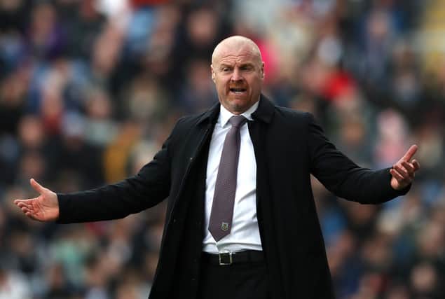 BURNLEY, ENGLAND - APRIL 02: Sean Dyche, Manager of Burnley reacts during the Premier League match between Burnley and Manchester City at Turf Moor on April 02, 2022 in Burnley, England.