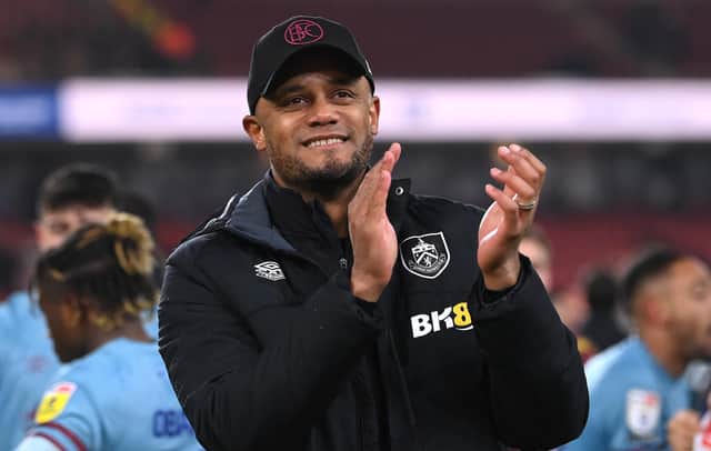 MIDDLESBROUGH, ENGLAND - APRIL 07: Burnley Manager Vincent Kompany celebrates after Burnley had sealed promotion back to the Premier League after the Sky Bet Championship between Middlesbrough and Burnley at Riverside Stadium on April 07, 2023 in Middlesbrough, England. (Photo by Stu Forster/Getty Images)