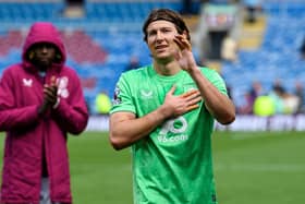 Max Weiss thanks the fans following the 2-2 draw with Aston Villa at Turf Moor. Photo: Kelvin Lister-Stuttard