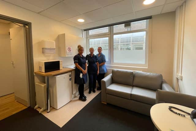 NICU staff  Claire Norney, Diane Benson and Cathy Douglas in the family rooms that have been given a new lease of life thanks to the charity ELHT & Me