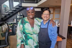 Andi Oliver with Abdul Majeed at Aroma Indian restaurant in Burnley ahead of Andi's Fabulous Feasts programme on BBC Two