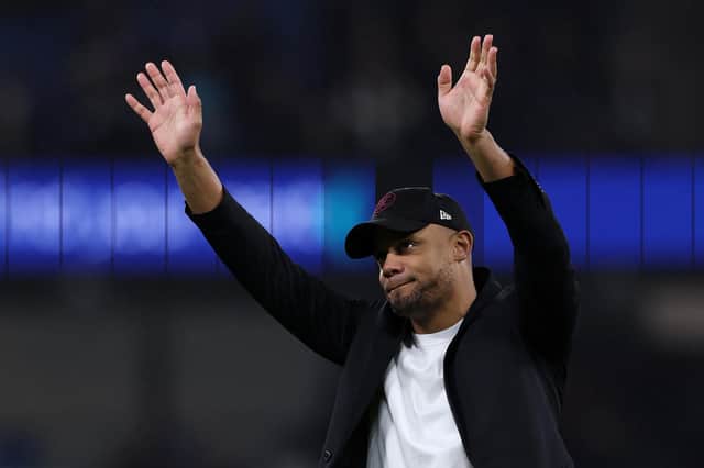 MANCHESTER, ENGLAND - MARCH 18: Vincent Kompany, Manager of Burnley, applauds the fans after the team's defeat in the Emirates FA Cup Quarter Final match between Manchester City and Burnley at Etihad Stadium on March 18, 2023 in Manchester, England. (Photo by Clive Brunskill/Getty Images)