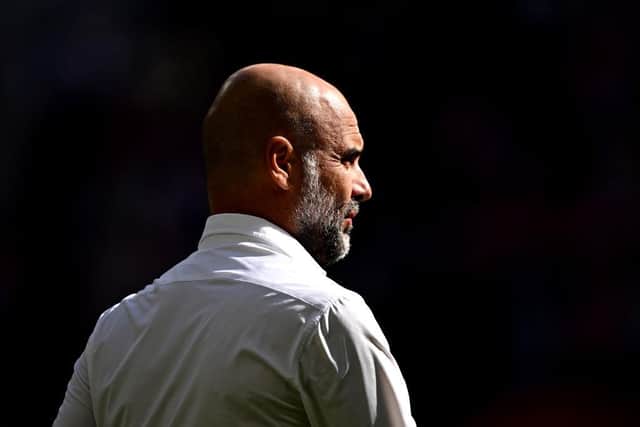 LONDON, ENGLAND - AUGUST 06: Pep Guardiola, Manager of Manchester City during The FA Community Shield match between Manchester City against Arsenal at Wembley Stadium on August 06, 2023 in London, England. (Photo by Mike Hewitt/Getty Images)