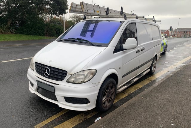 This Merceses van was stopped in Blackpool for tinted windscreen, windows and plates. 
The windscreen allowed less than 75 per cent of light through, and the side windows less than 70 per cent.
The vehicle was also being used for business purposes, but only insured for social, domestic and pleasure.
The driver was reported and the vehicle seized.
