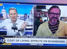 Jeremy Kyle interviewing Jay Stansfield, Colne author of The Squibbles, live on Talk TV about the emotional impact of the cost of living crisis on small businesses.