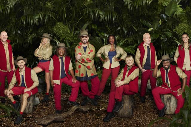 The I'm A Celeb campmates for 2022. From left, Mike Tindall MBE, Owen Warner, Olivia Attwood, Charlene White, Boy George, Chantelle Douglas, Sue Cleaver, Chris Moyles, Babatunde Aleshe and Jill Scott MBE. Seann Walsh and Matt Hancock, not pictured, were late arrivals in the jungle. Picture: Lifted Entertainment/ITV.