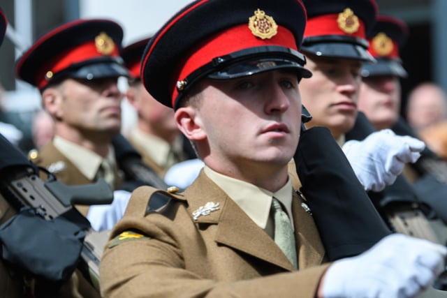 The 1st Battalion of the Duke of Lancaster's Regiment supported by the British Army Band Catterick march through Clitheroe.