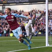 BURNLEY, ENGLAND - APRIL 24: Matej Vydra of Burnley celebrates after scoring their team's first goal during the Premier League match between Burnley and Wolverhampton Wanderers at Turf Moor on April 24, 2022 in Burnley, England. (Photo by Stu Forster/Getty Images)