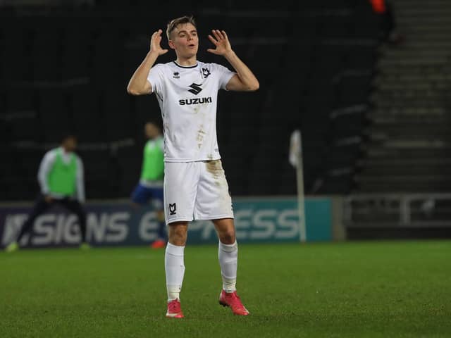 MILTON KEYNES, ENGLAND - JANUARY 11: Scott Twine of Milton Keynes Dons in action during the Sky Bet League One match between Milton Keynes Dons and AFC Wimbledon at Stadium mk on January 11, 2022 in Milton Keynes, England. (Photo by Pete Norton/Getty Images)