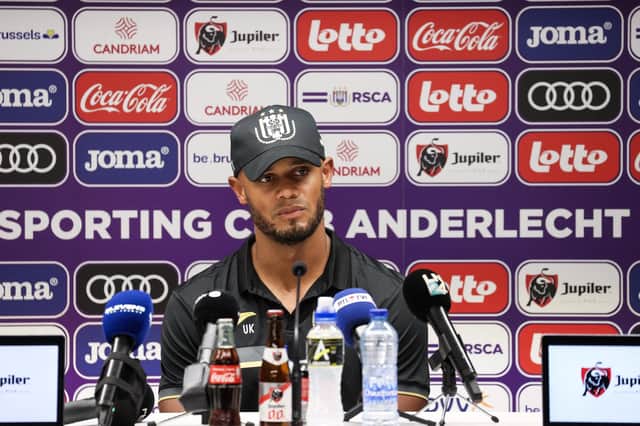 Former Manchester City and Belgian international defender Vincent Kompany speaks during a press conference at the Royal Sporting Club of Anderlecht, in Brussels on August 17, 2020. - Belgian international defender Vincent Kompany, 34, is ending his player career to become Anderlecht's manager. (Photo by Kenzo TRIBOUILLARD / AFP) (Photo by KENZO TRIBOUILLARD/AFP via Getty Images)