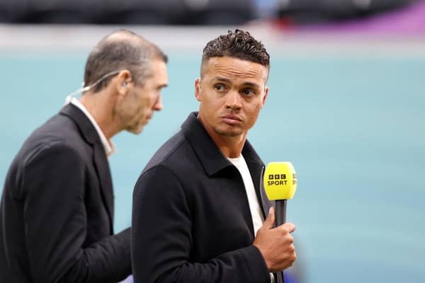 AL KHOR, QATAR - DECEMBER 10: Jermaine Jenas of BBC Sport looks on during the FIFA World Cup Qatar 2022 quarter final match between England and France at Al Bayt Stadium on December 10, 2022 in Al Khor, Qatar. (Photo by Julian Finney/Getty Images)