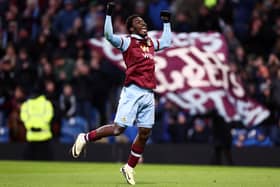 BURNLEY, ENGLAND - FEBRUARY 03: David Datro Fofana of Burnley celebrates scoring his team's second goal during the Premier League match between Burnley FC and Fulham FC at Turf Moor on February 03, 2024 in Burnley, England. (Photo by Naomi Baker/Getty Images)