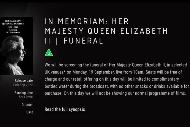 Vue cinemas in Accrington, Blackburn, Cleveleys, Lancaster and Southport will be screening the funeral of the Queen.