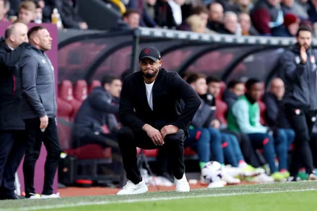 BURNLEY, ENGLAND - MARCH 03: Vincent Kompany, Manager of Burnley, reacts during the Premier League match between Burnley FC and AFC Bournemouth at Turf Moor on March 03, 2024 in Burnley, England. (Photo by Alex Livesey/Getty Images)
