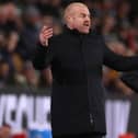 BURNLEY, ENGLAND - MARCH 01: Sean Dyche, Manager of Burnley reacts during the Premier League match between Burnley and Leicester City at Turf Moor on March 01, 2022 in Burnley, England. (Photo by Lewis Storey/Getty Images)