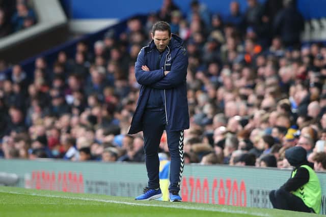 LIVERPOOL, ENGLAND - MARCH 13: Frank Lampard, Manager of Everton reacts during the Premier League match between Everton and Wolverhampton Wanderers at Goodison Park on March 13, 2022 in Liverpool, England. (Photo by Alex Livesey/Getty Images)