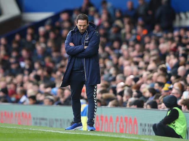 LIVERPOOL, ENGLAND - MARCH 13: Frank Lampard, Manager of Everton reacts during the Premier League match between Everton and Wolverhampton Wanderers at Goodison Park on March 13, 2022 in Liverpool, England. (Photo by Alex Livesey/Getty Images)