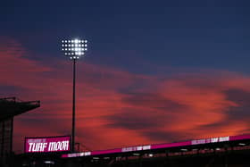 BURNLEY, ENGLAND - DECEMBER 16: A general view of a sunset at Turf Moor during the Premier League match between Burnley FC and Everton FC at Turf Moor on December 16, 2023 in Burnley, United Kingdom. (Photo by Marc Atkins/Getty Images)