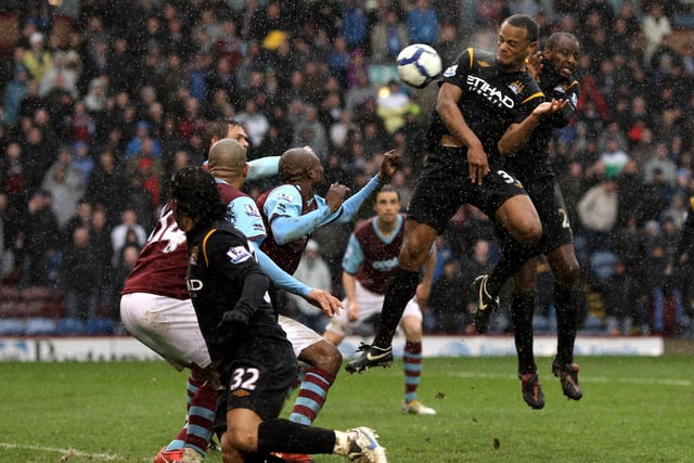 BURNLEY, ENGLAND - APRIL 03:  Vincent Kompany of Manchester City scores his team's sixth goal during the Barclays Premier League match between Burnley and Manchester City at Turf Moor on April 3, 2010 in Burnley, England.  (Photo by Alex Livesey/Getty Images)