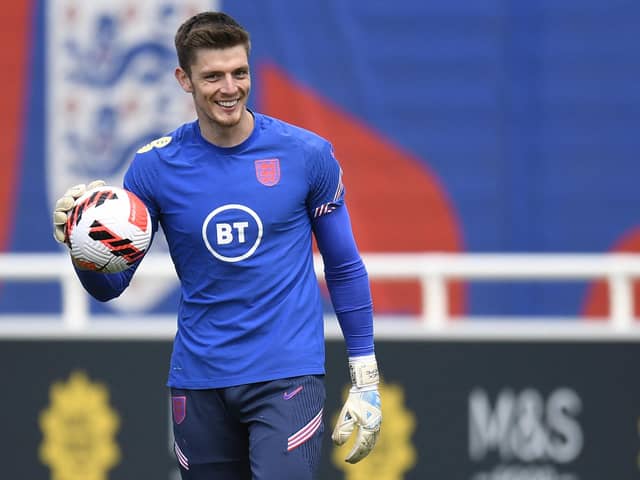 England's goalkeeper Nick Pope attends a team training session St George's Park in Burton-upon-Trent on June 10, 2022 on the eve of thier UEFA Nations League match against Italy. - NOT FOR MARKETING OR ADVERTISING USE / RESTRICTED TO EDITORIAL USE (Photo by Oli SCARFF / AFP) / NOT FOR MARKETING OR ADVERTISING USE / RESTRICTED TO EDITORIAL USE (Photo by OLI SCARFF/AFP via Getty Images)