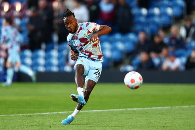 BURNLEY, ENGLAND - APRIL 21: Maxwel Cornet of Burnley warms up prior to the Premier League match between Burnley and Southampton at Turf Moor on April 21, 2022 in Burnley, England. (Photo by Clive Brunskill/Getty Images)