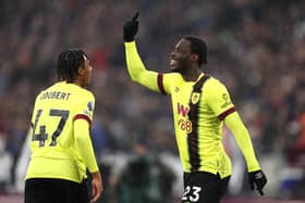 LONDON, ENGLAND - MARCH 10: Datro Fofana of Burnley celebrates scoring his team's first goal with teammate Wilson Odobert during the Premier League match between West Ham United and Burnley FC at the London Stadium on March 10, 2024 in London, England. (Photo by Julian Finney/Getty Images)