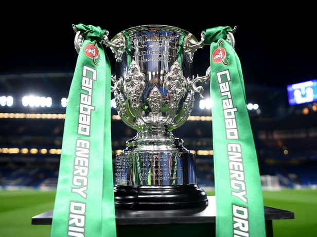 LONDON, ENGLAND - OCTOBER 30: The Carabao Cup is seen pitchside prior to the Carabao Cup Round of 16 match between Chelsea and Manchester United at Stamford Bridge on October 30, 2019 in London, England. (Photo by Michael Regan/Getty Images)