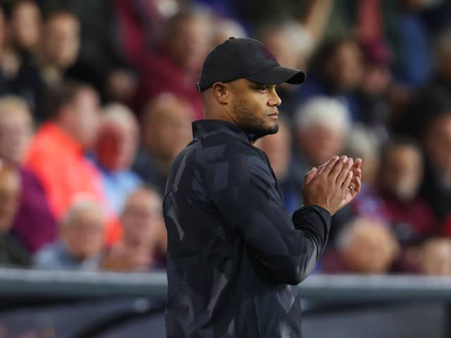 BURNLEY, ENGLAND - AUGUST 16: Vincent Kompany, Manager of Burnley looks on during the Sky Bet Championship between Burnley and Hull City at Turf Moor on August 16, 2022 in Burnley, England. (Photo by Clive Brunskill/Getty Images)