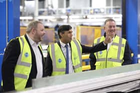 Prime Minister Rishi Sunak with Burnley MP Antony Higginbotham and managing director Neil Evans during his visit to the VEKA factory in Burnley. Picture by Simon Dawson / No 10 Downing Street