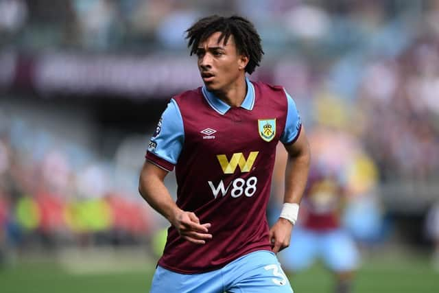 BURNLEY, ENGLAND - SEPTEMBER 02: Luca Koleosho of Burnley during the Premier League match between Burnley FC and Tottenham Hotspur at Turf Moor on September 02, 2023 in Burnley, England. (Photo by Gareth Copley/Getty Images)