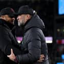 BURNLEY, ENGLAND - DECEMBER 26: (THE SUN OUT, THE SUN ON SUNDAY OUT) Jurgen Klopp manager of Liverpool meeting Vincent Kompany manager of Burnley before the Premier League match between Burnley FC and Liverpool FC at Turf Moor on December 26, 2023 in Burnley, England. (Photo by Andrew Powell/Liverpool FC via Getty Images)
